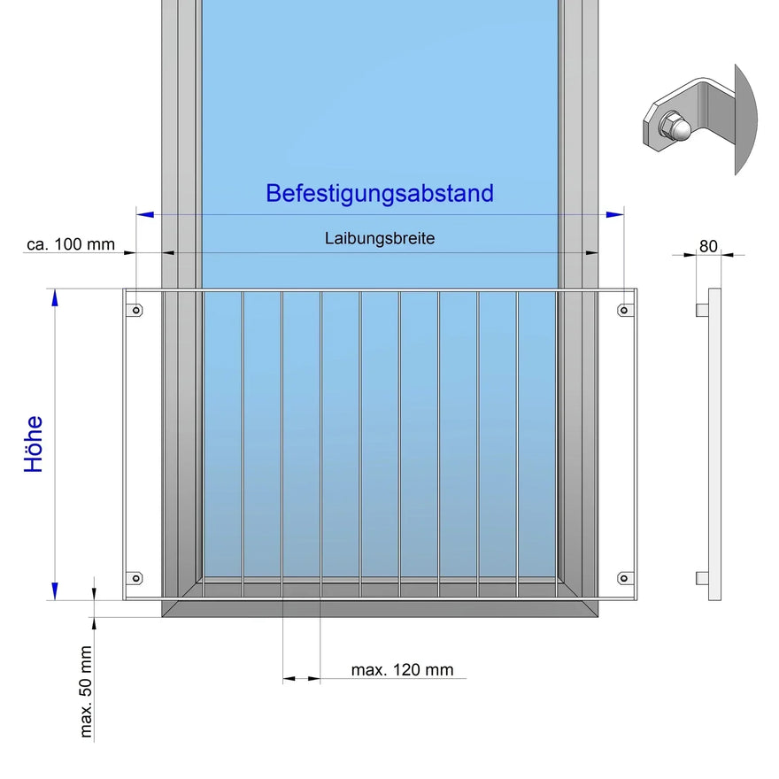 Technische Zeichnung französischer Balkon aus Metall mit Befestigungsabstand und Maßen